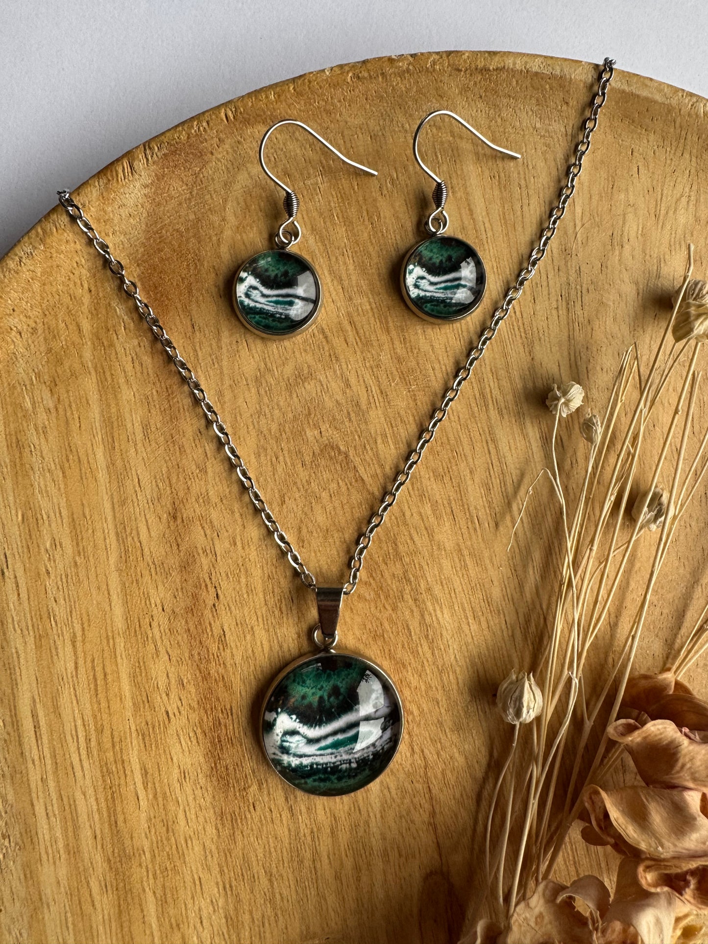 SET oorbellen - glas en roestvrijstaal