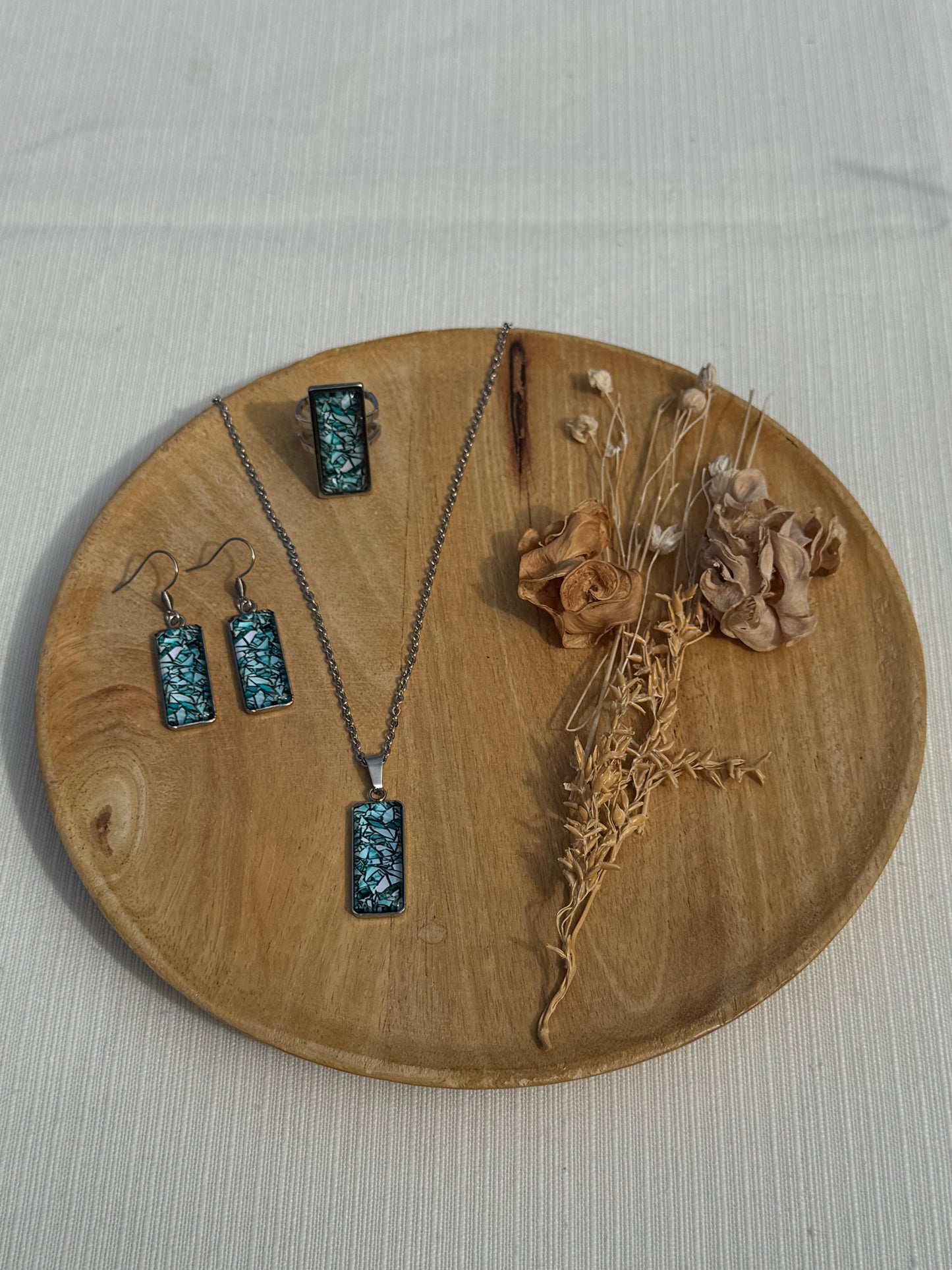 Oorbellen , ring , ketting - geïllustreerde glas en roestvrijstaal - groen/blauw