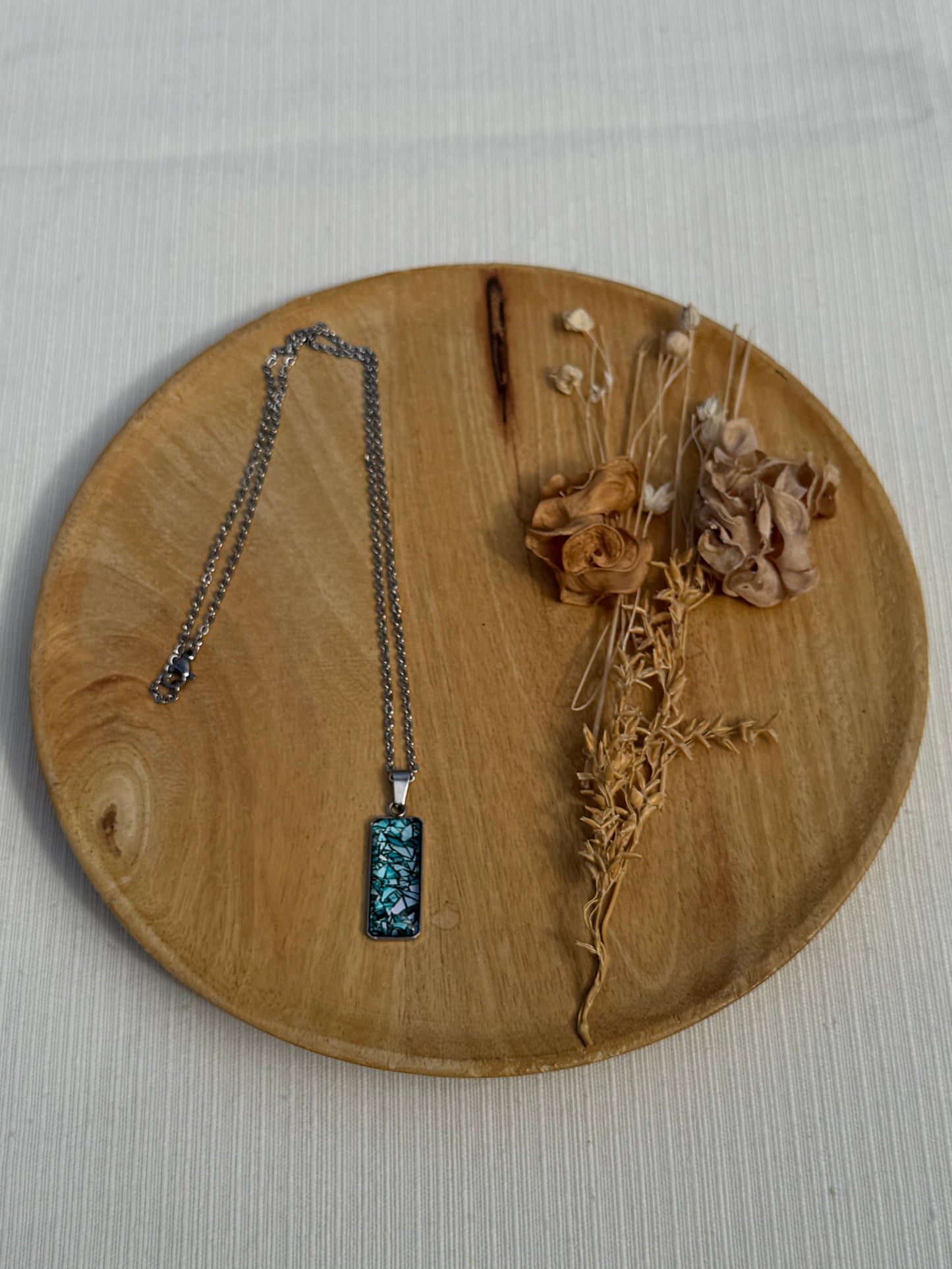 Oorbellen , ring , ketting - geïllustreerde glas en roestvrijstaal - groen/blauw