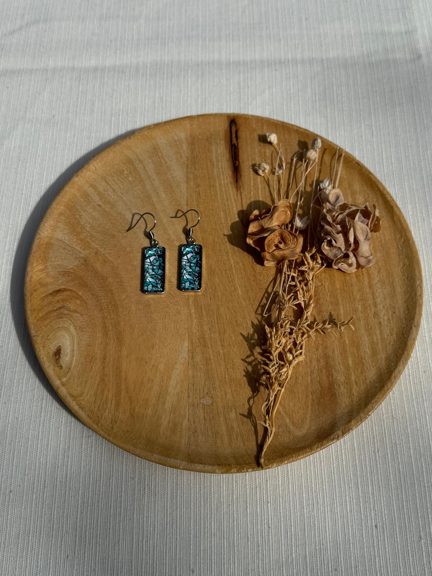 Oorbellen , ring , ketting - geïllustreerde glas en roestvrijstaal - groen/blauw