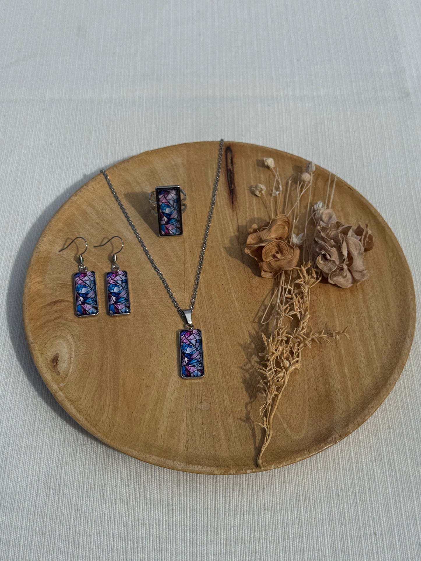 Oorbellen , ring , ketting - geïllustreerde glas en roestvrijstaal - paars