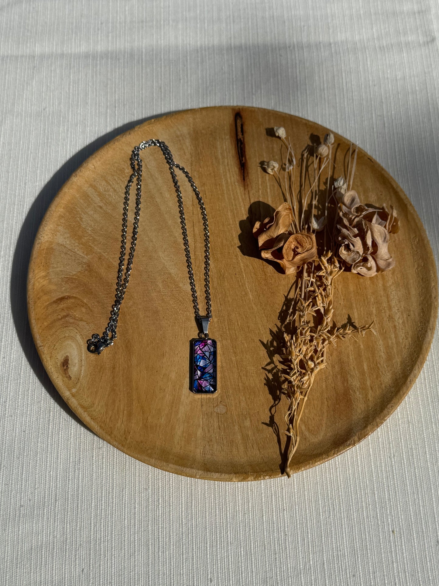 Oorbellen , ring , ketting - geïllustreerde glas en roestvrijstaal - paars