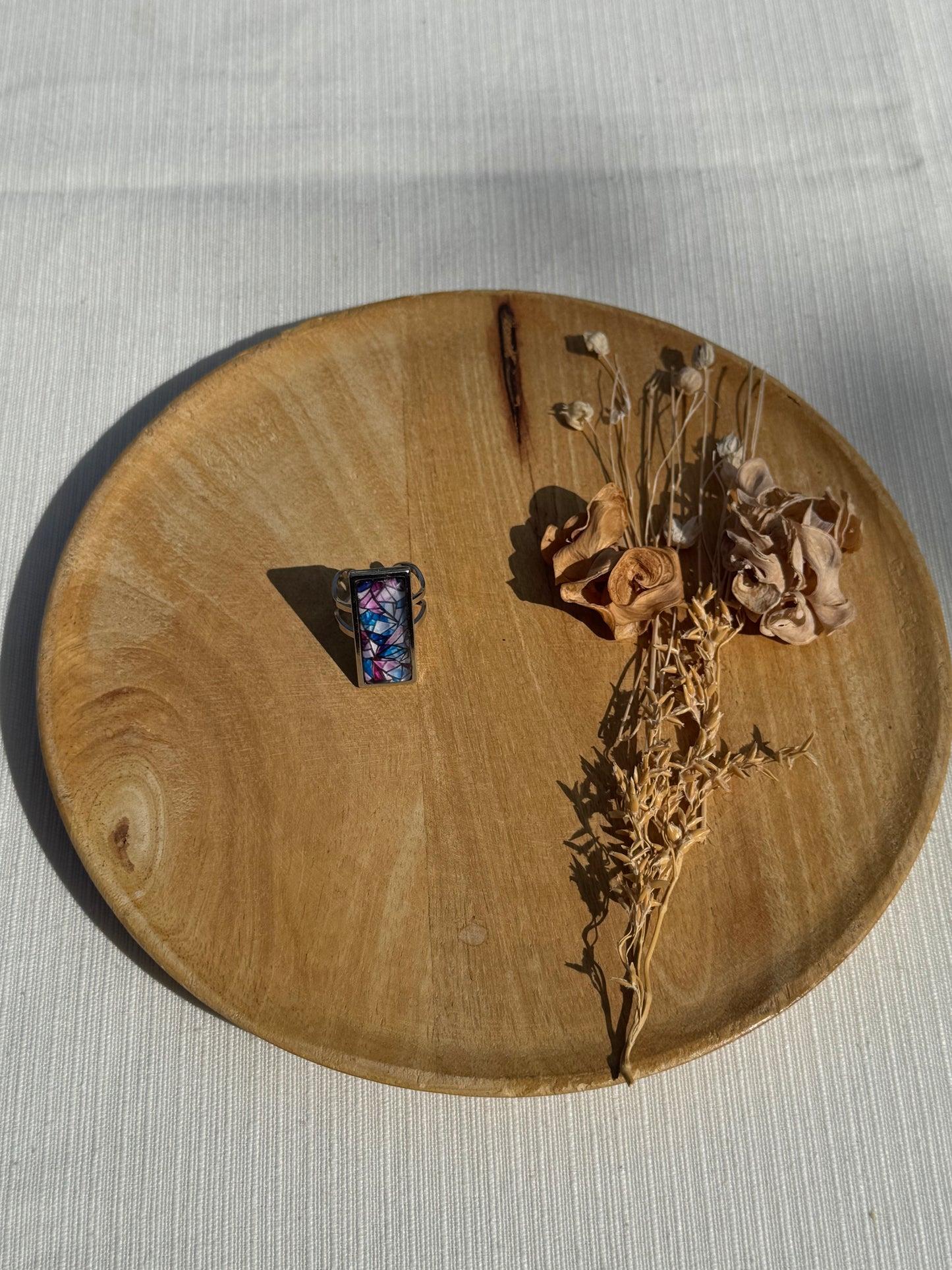Oorbellen , ring , ketting - geïllustreerde glas en roestvrijstaal - paars