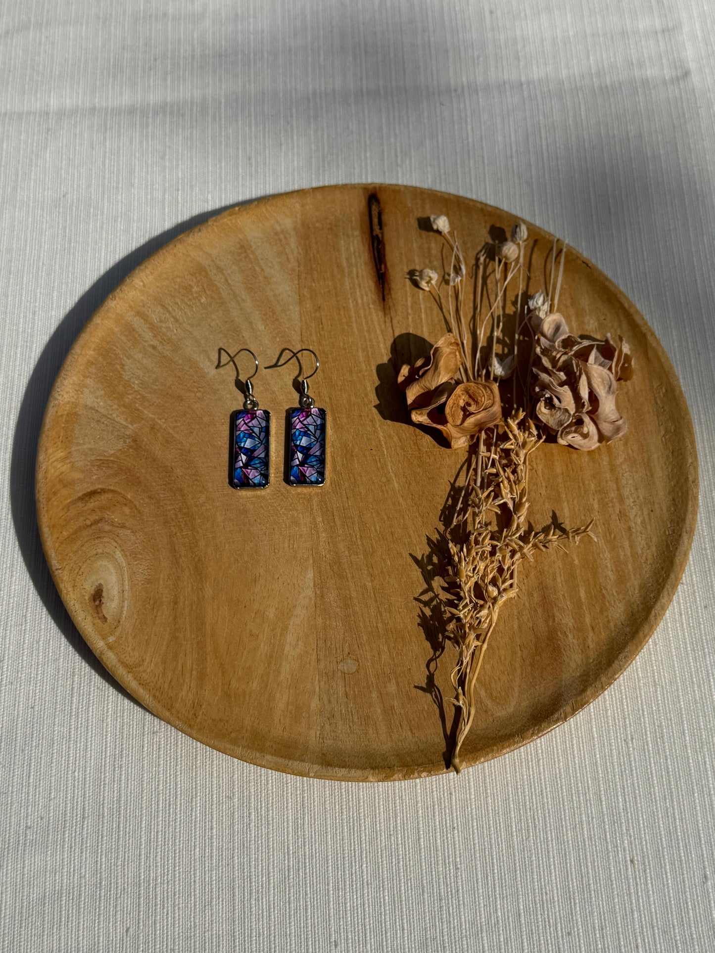 Oorbellen , ring , ketting - geïllustreerde glas en roestvrijstaal - paars