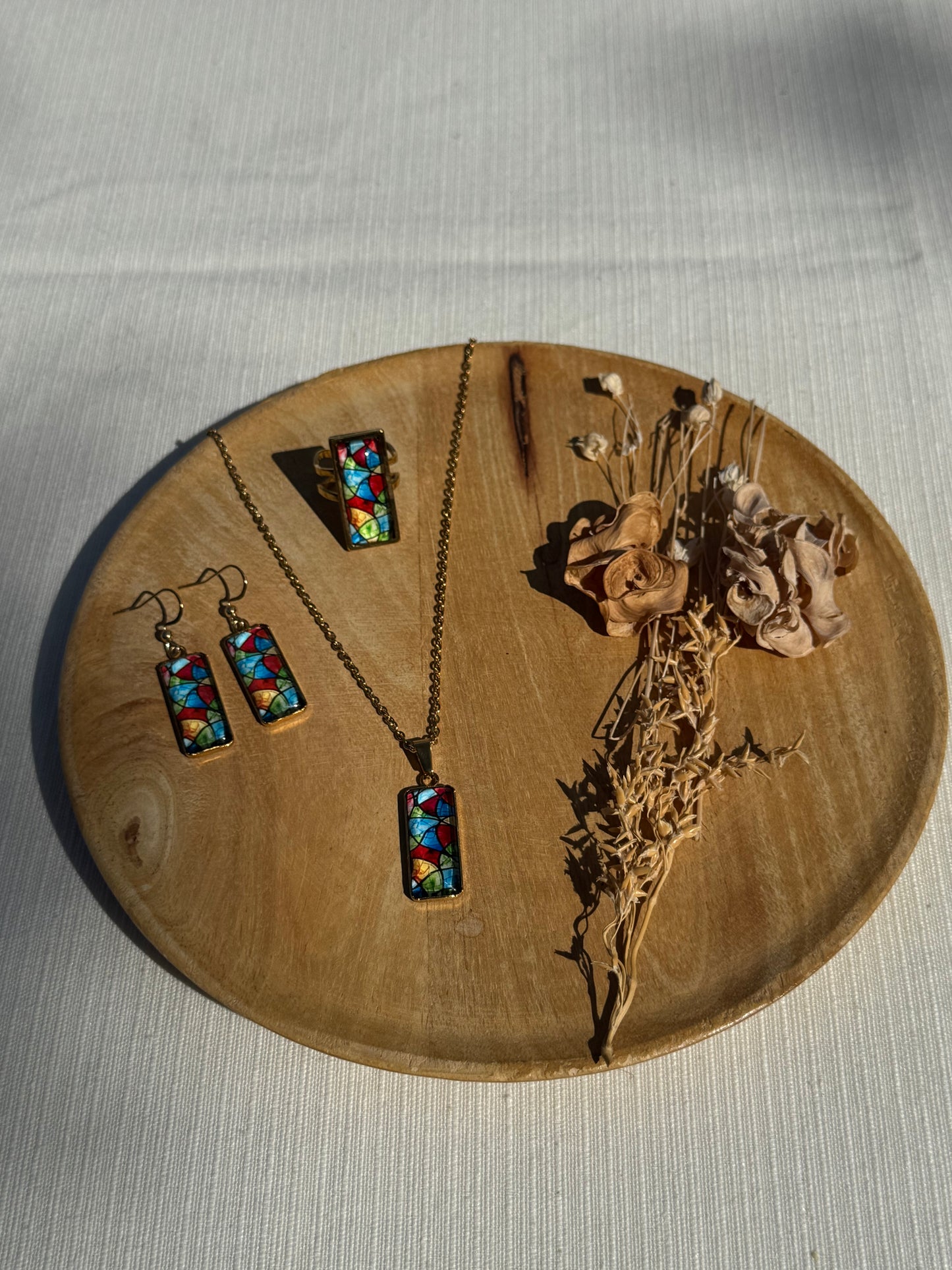 Oorbellen , ring , ketting - geïllustreerde glas en roestvrijstaal