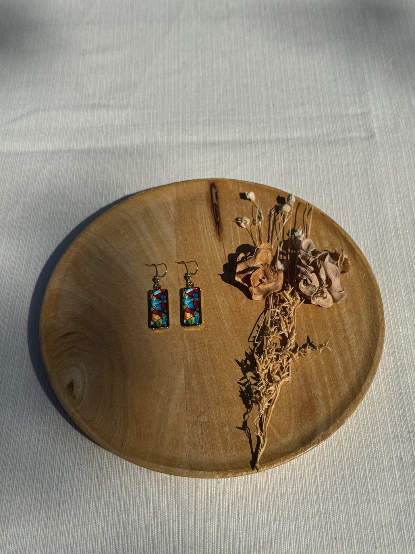 Oorbellen , ring , ketting - geïllustreerde glas en roestvrijstaal