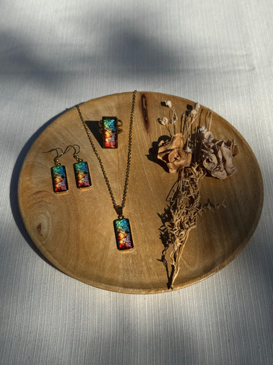 Oorbellen , ring , ketting - geïllustreerde glas en roestvrijstaal - kleurrijk