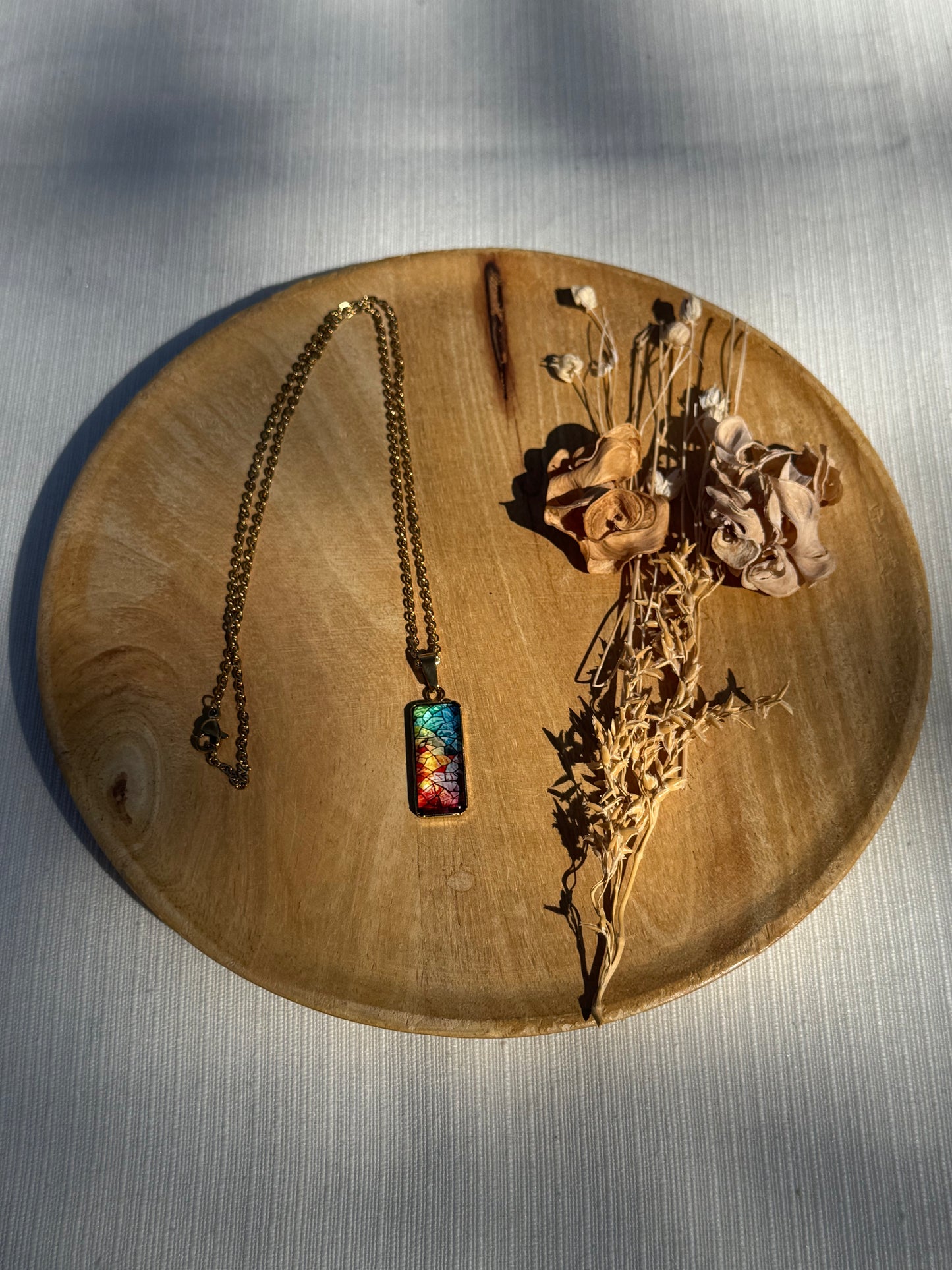 Oorbellen , ring , ketting - geïllustreerde glas en roestvrijstaal - kleurrijk