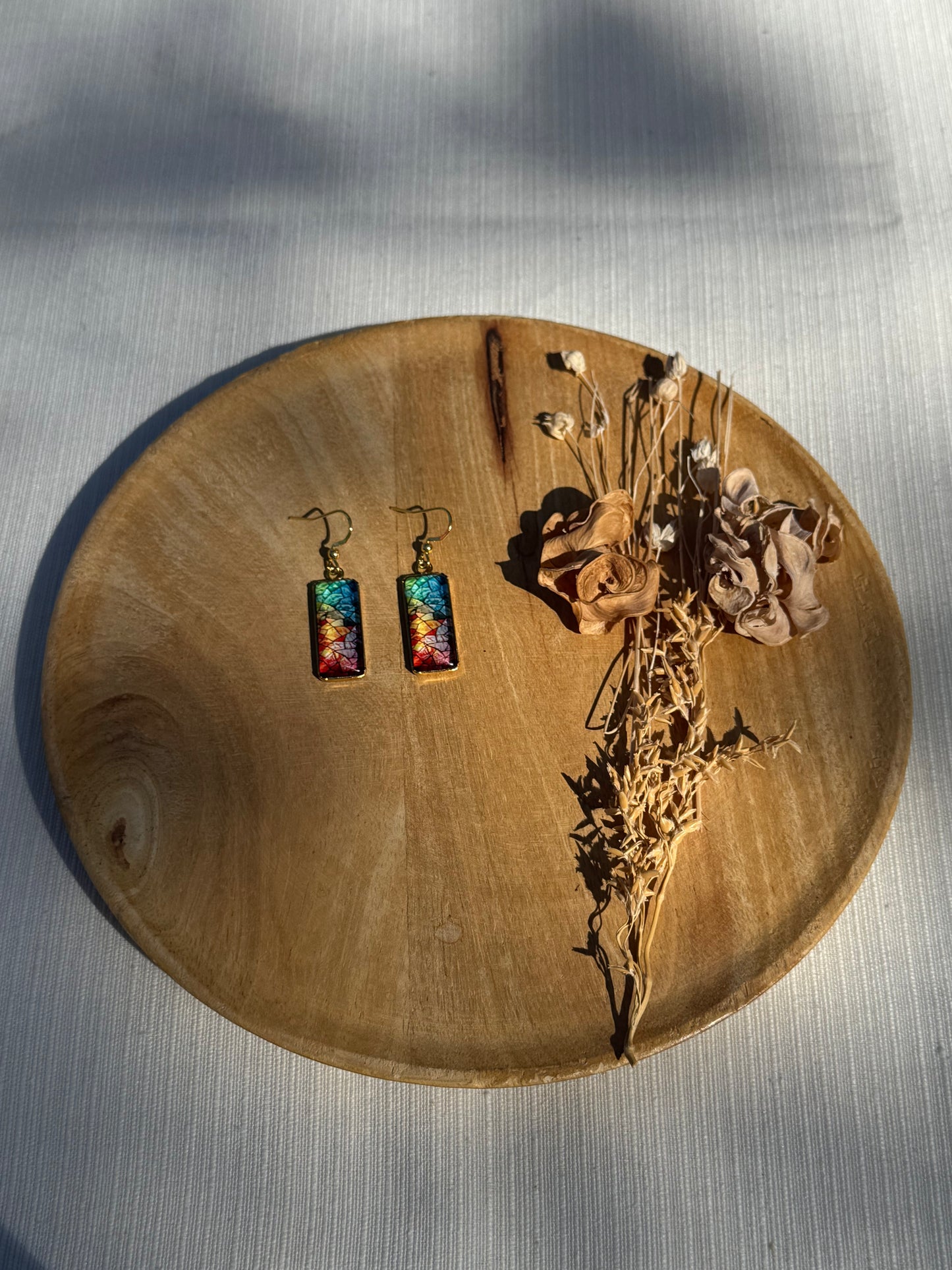 Oorbellen , ring , ketting - geïllustreerde glas en roestvrijstaal - kleurrijk