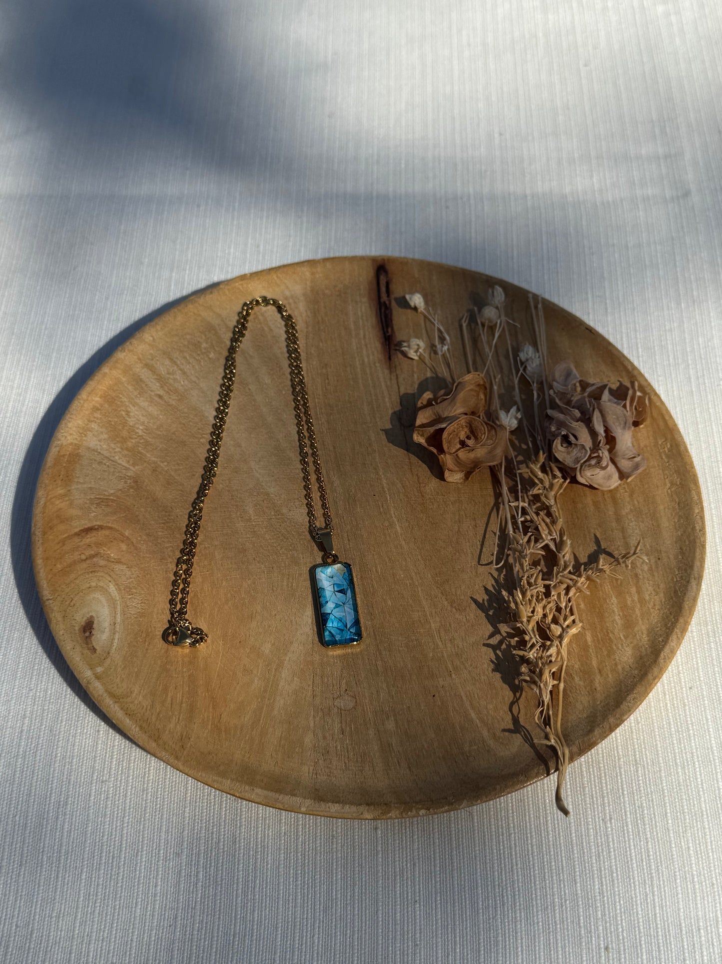 Oorbellen , ring , ketting - geïllustreerde glas en roestvrijstaal - licht blauw