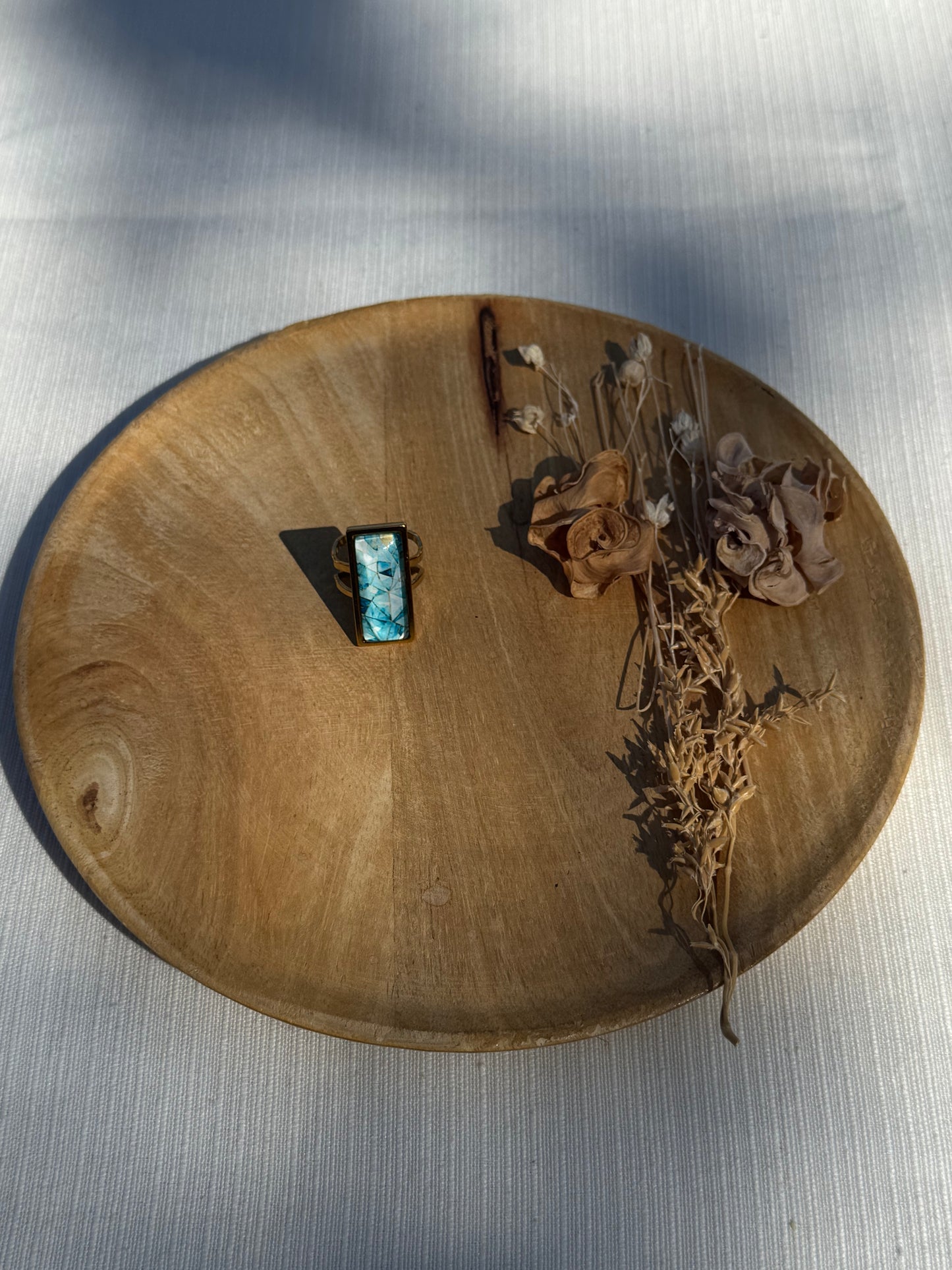 Oorbellen , ring , ketting - geïllustreerde glas en roestvrijstaal - licht blauw