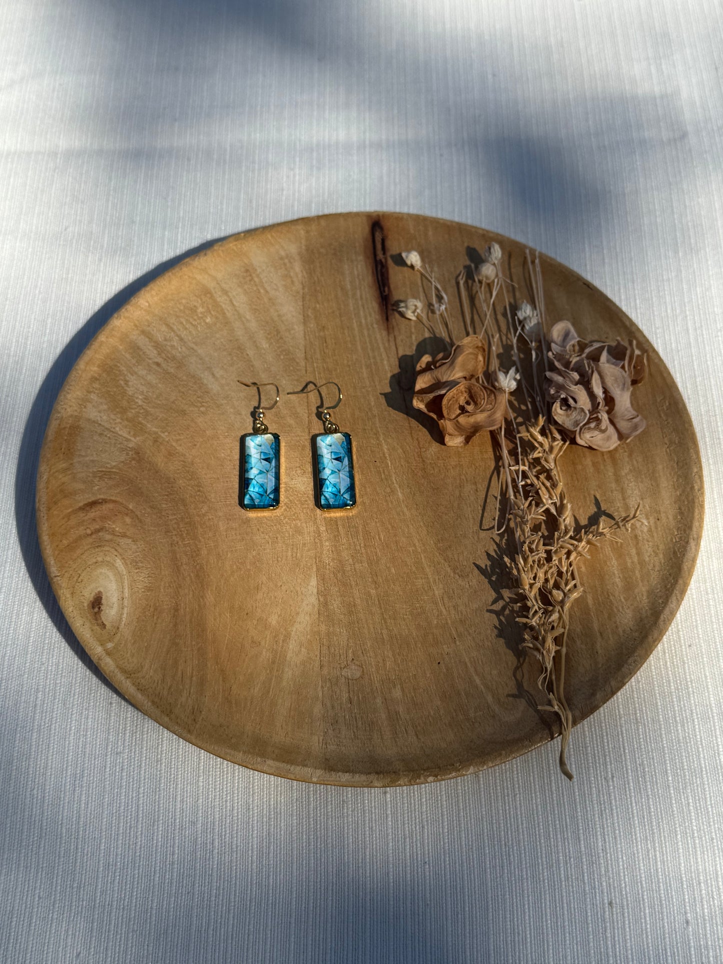 Oorbellen , ring , ketting - geïllustreerde glas en roestvrijstaal - licht blauw