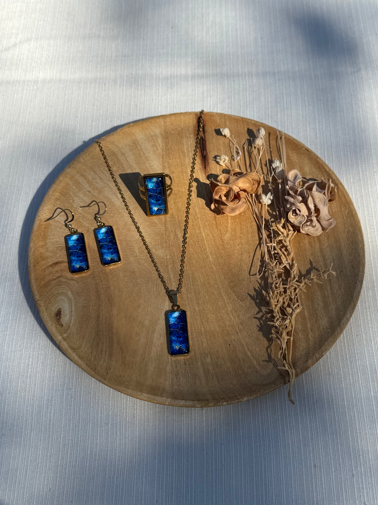 Oorbellen , ring , ketting - geïllustreerde glas en roestvrijstaal - blauw