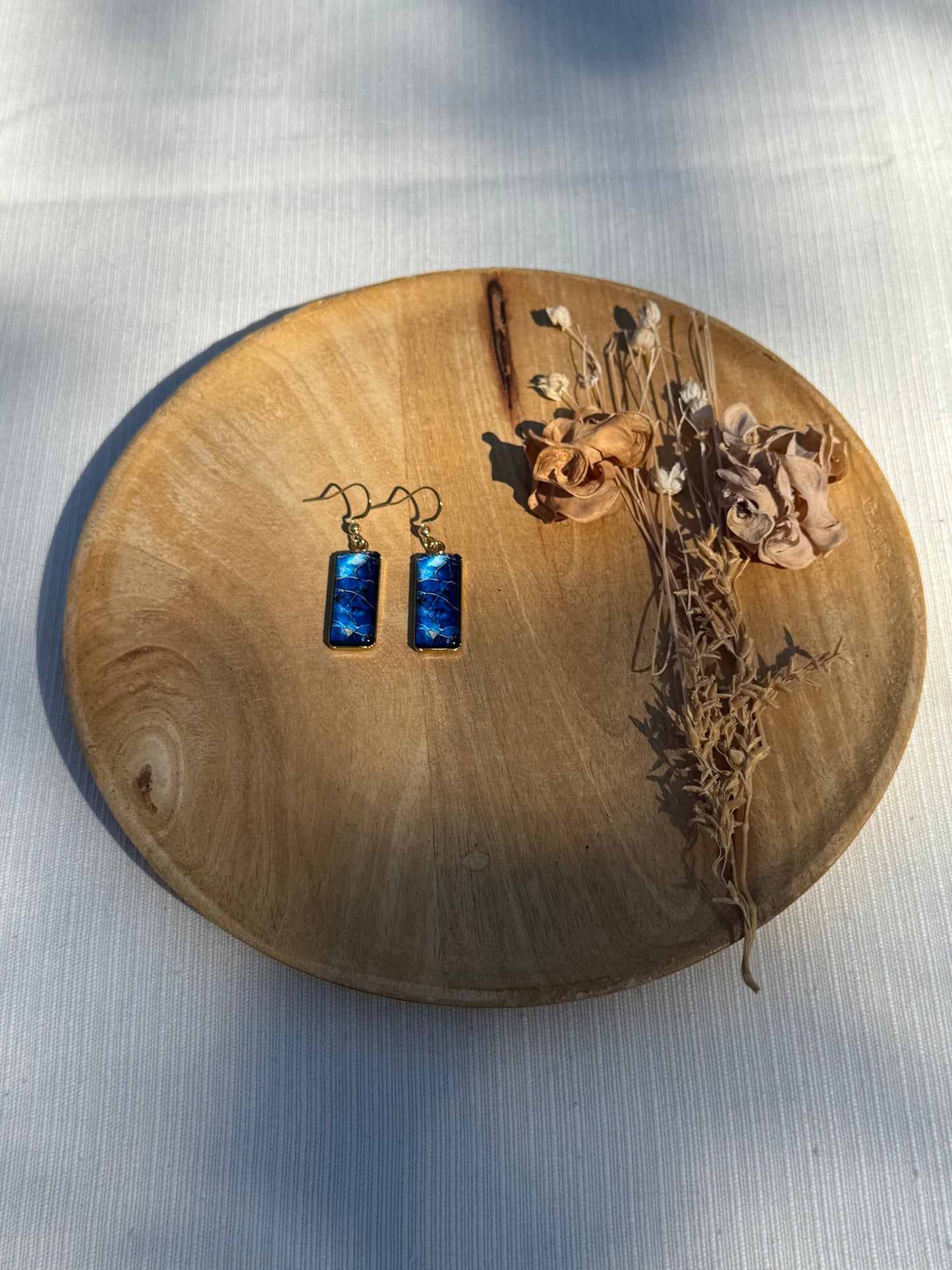Oorbellen , ring , ketting - geïllustreerde glas en roestvrijstaal - blauw