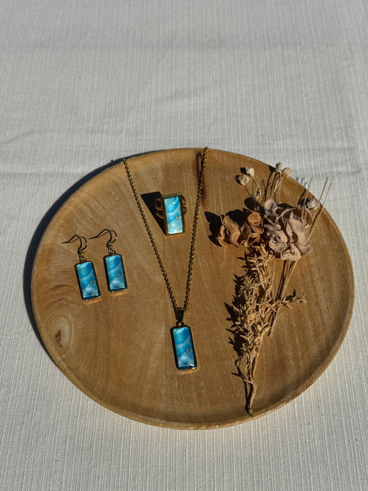 Oorbellen , ring , ketting - geïllustreerde glas en roestvrijstaal - licht blauw