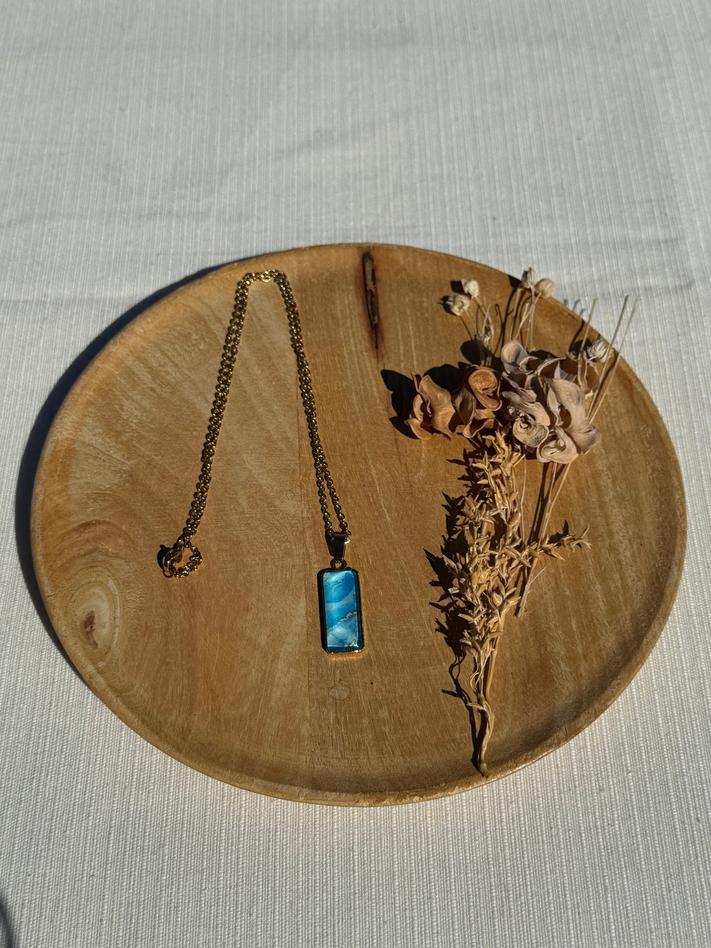 Oorbellen , ring , ketting - geïllustreerde glas en roestvrijstaal - licht blauw