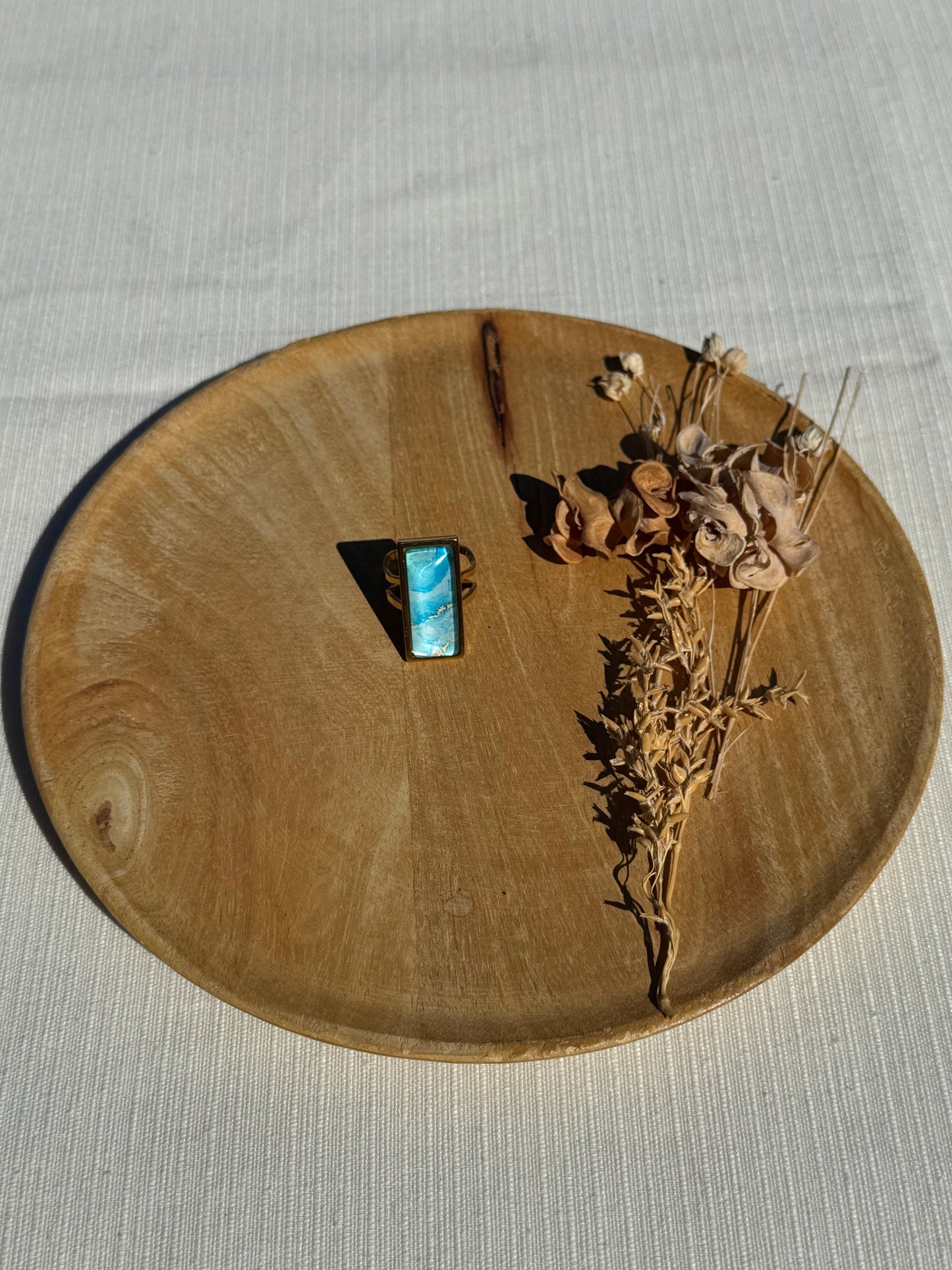 Oorbellen , ring , ketting - geïllustreerde glas en roestvrijstaal - licht blauw
