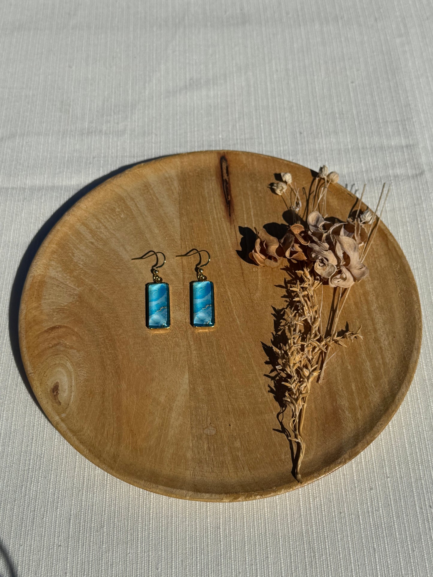 Oorbellen , ring , ketting - geïllustreerde glas en roestvrijstaal - licht blauw